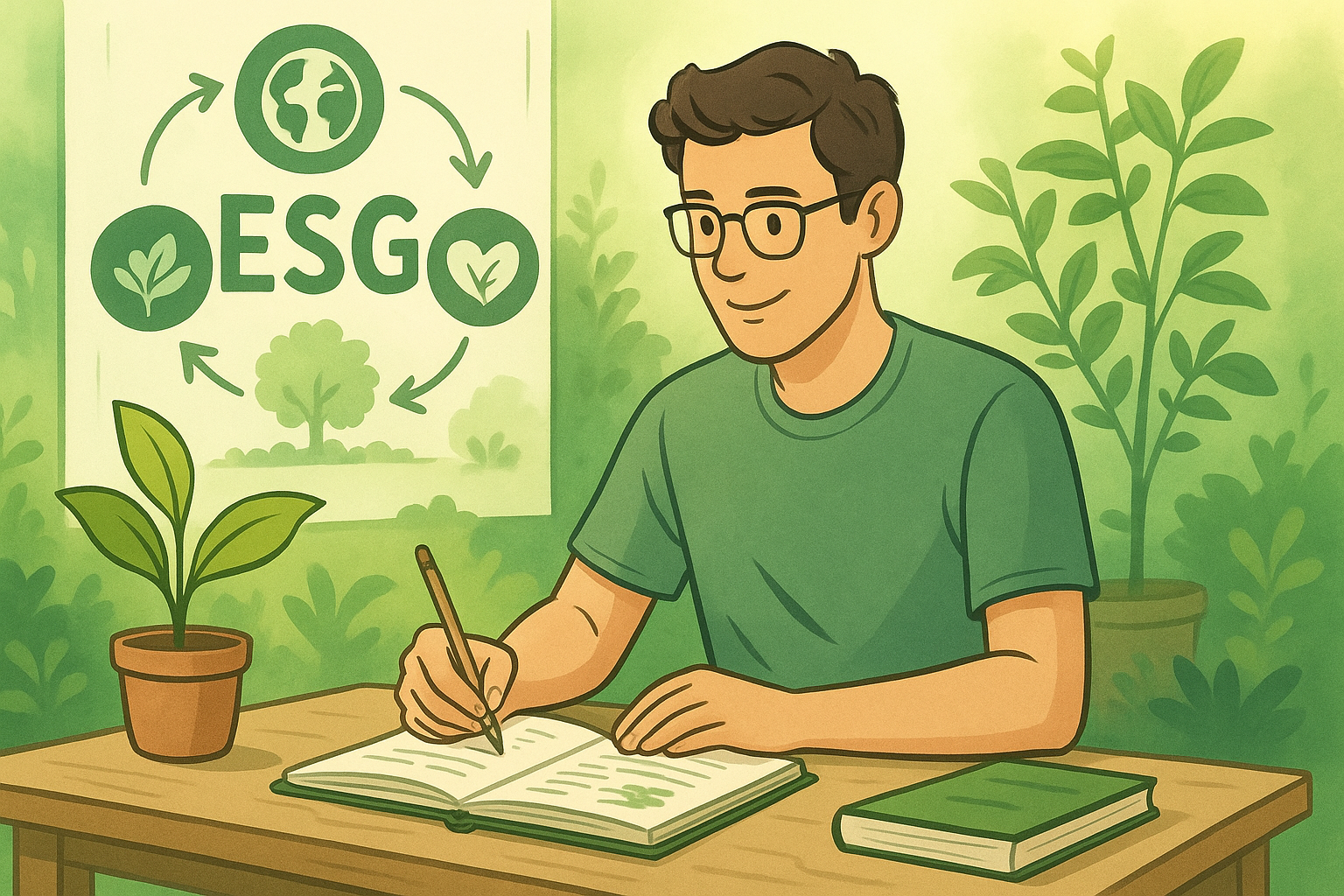 Illustration of person studying with a computer